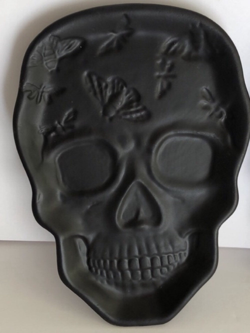 Matte Black Skull Shaped Tray with Intricate Embossed Butterflies